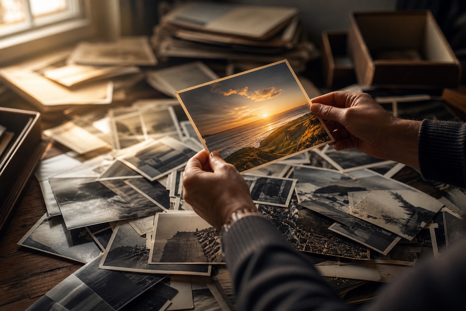 Hands rediscovering a vivid photo print among a pile of faded ones