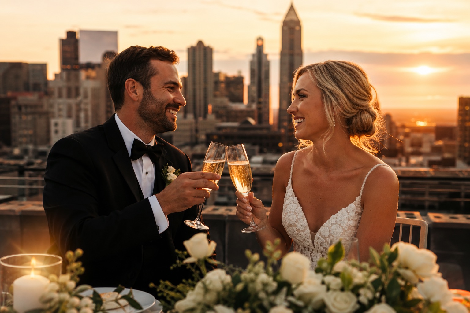 Couple toasting at a rooftop wedding at sunset
