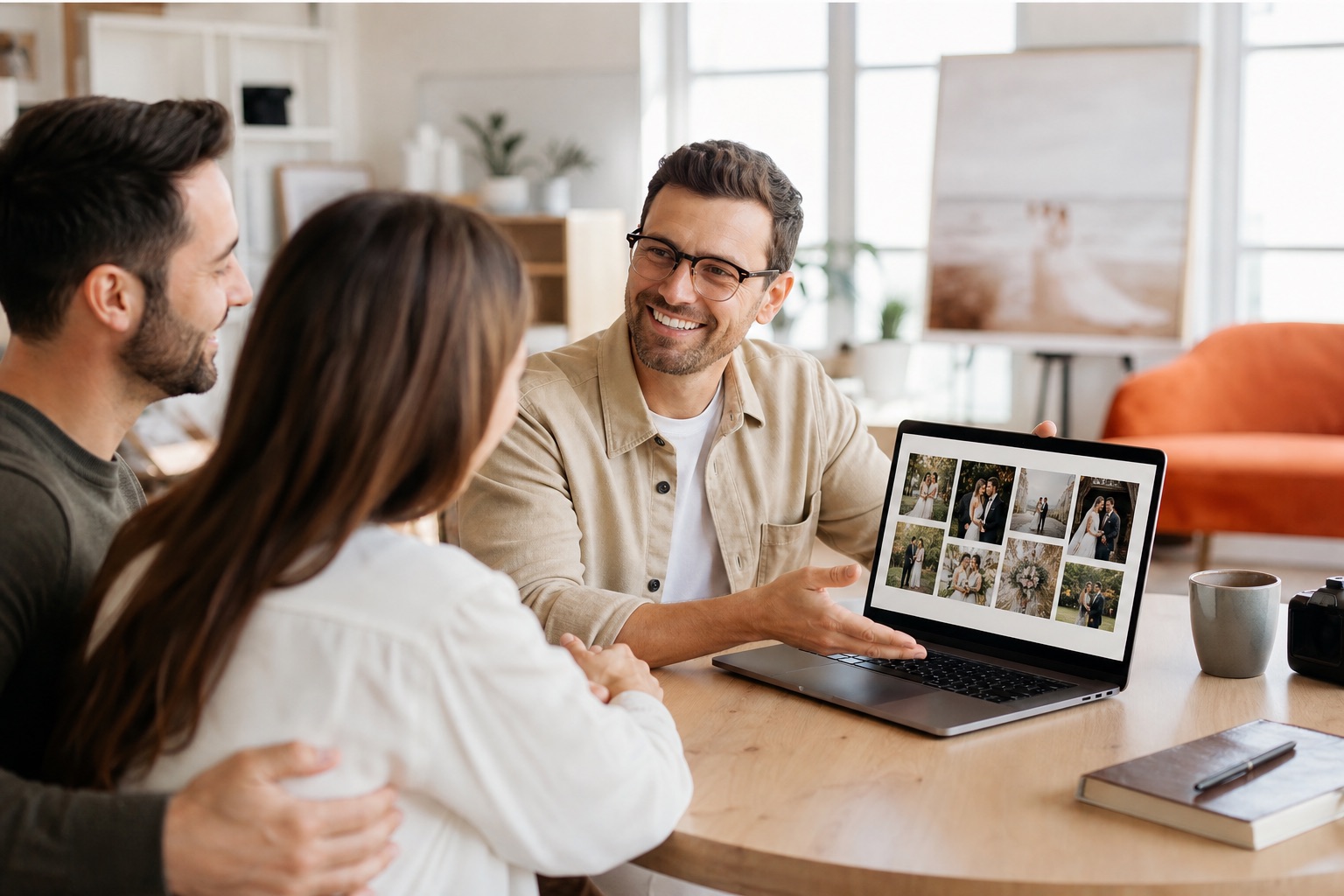 Photographer presenting a curated portfolio to clients on a laptop